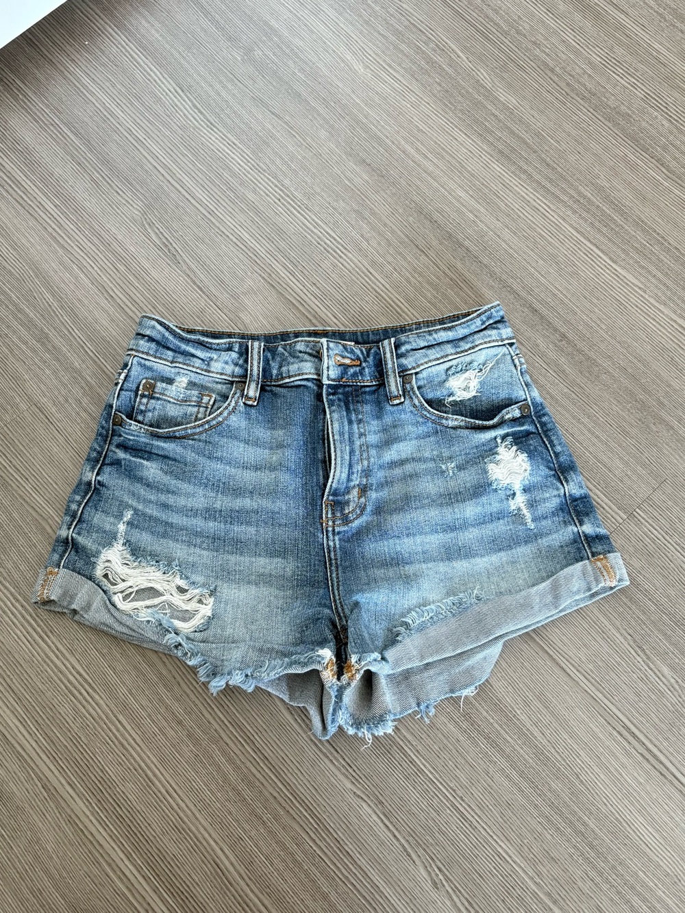 Blue denim high rise shorts